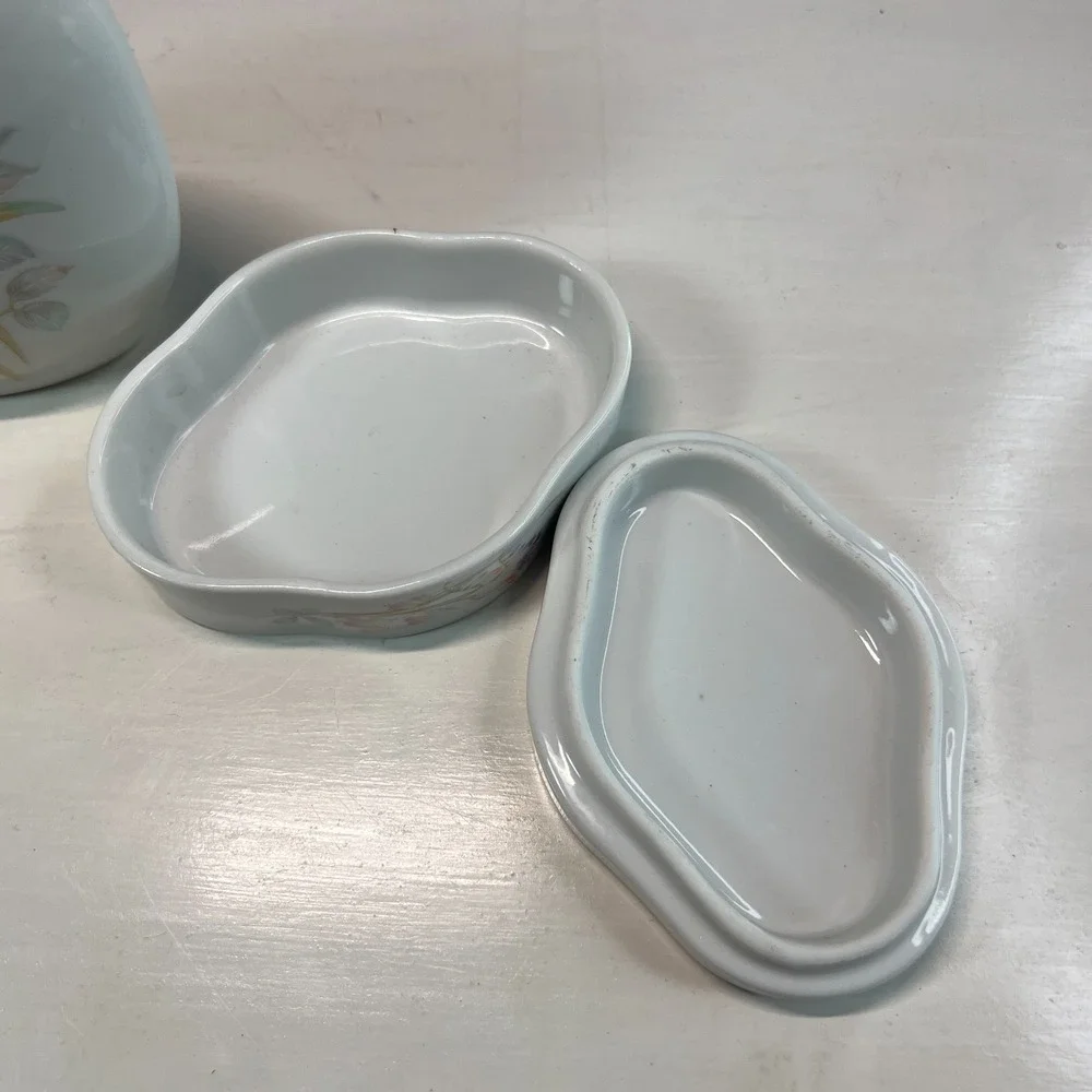 Vintage Otagiri Japan Porcelain Vanity Set Vase Trinket Box Dish Hand Painted